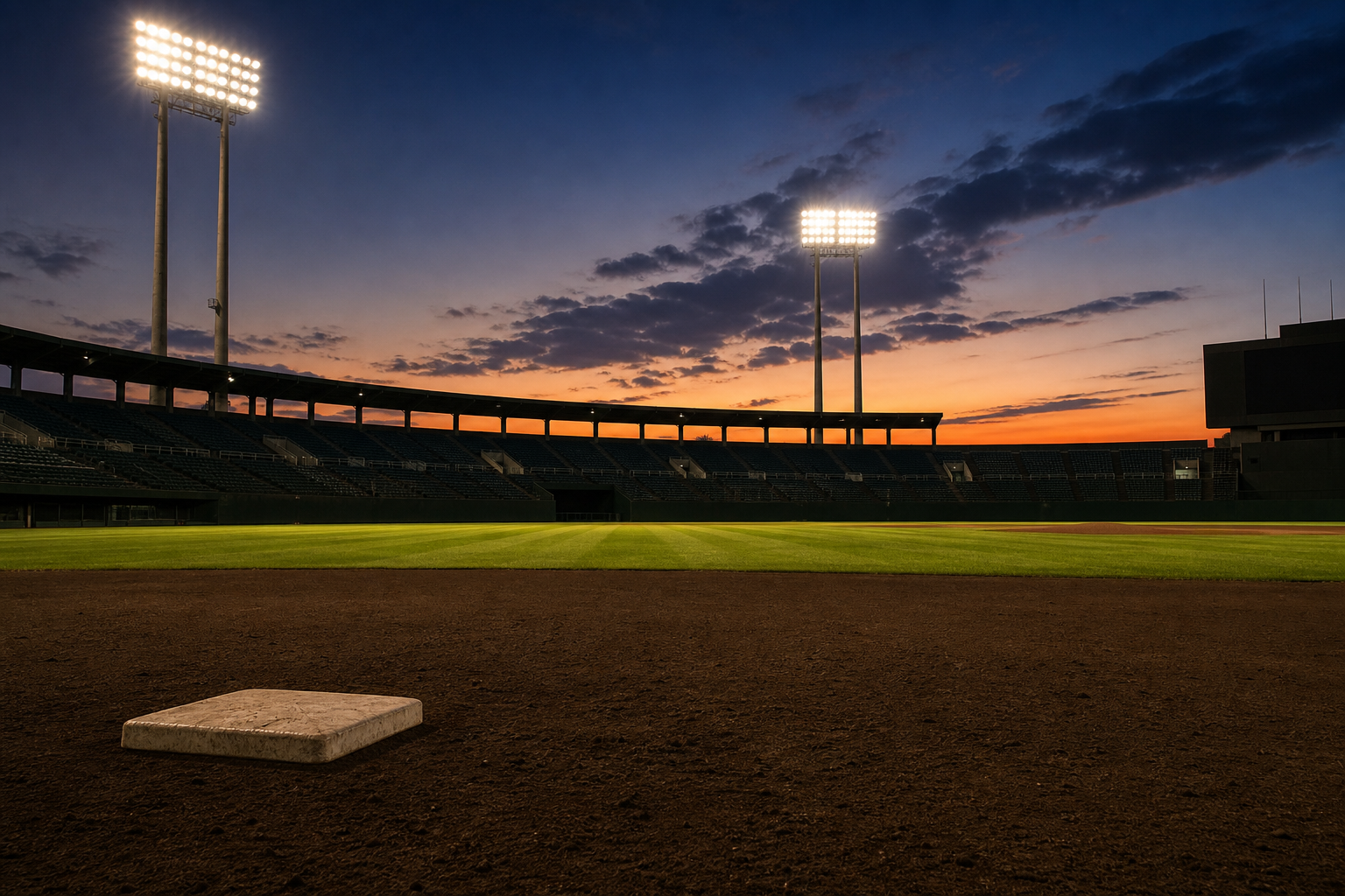 A baseball infield in Japan at dusk