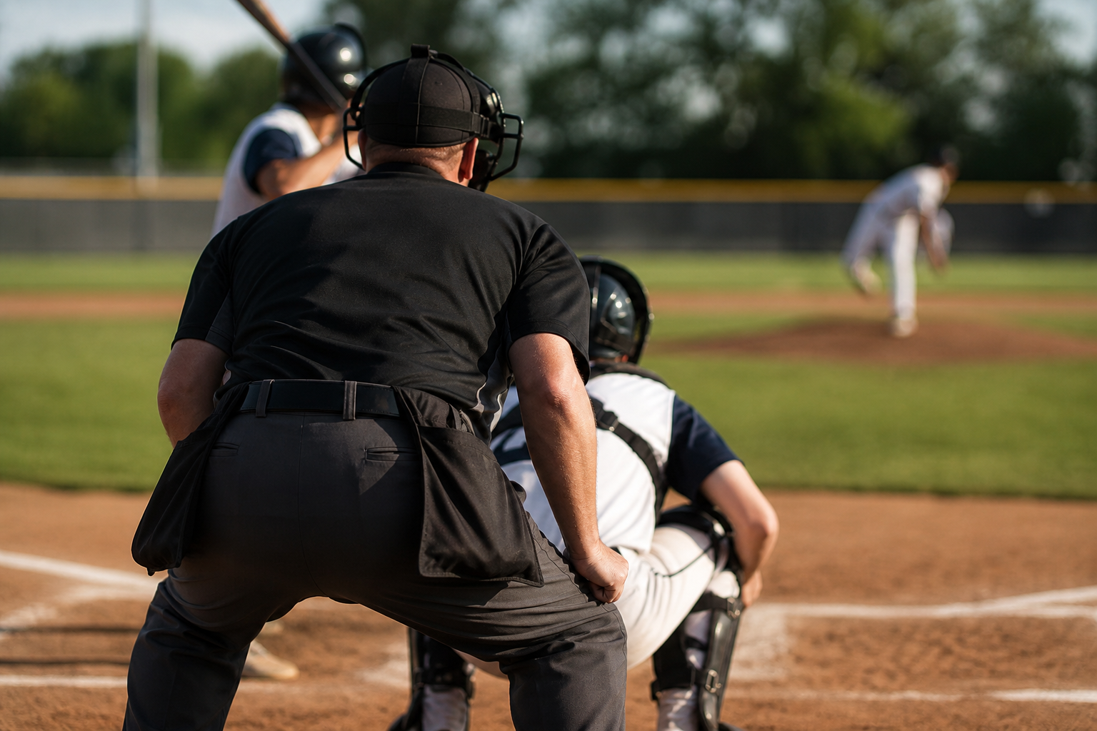 A baseball umpire behind home plate