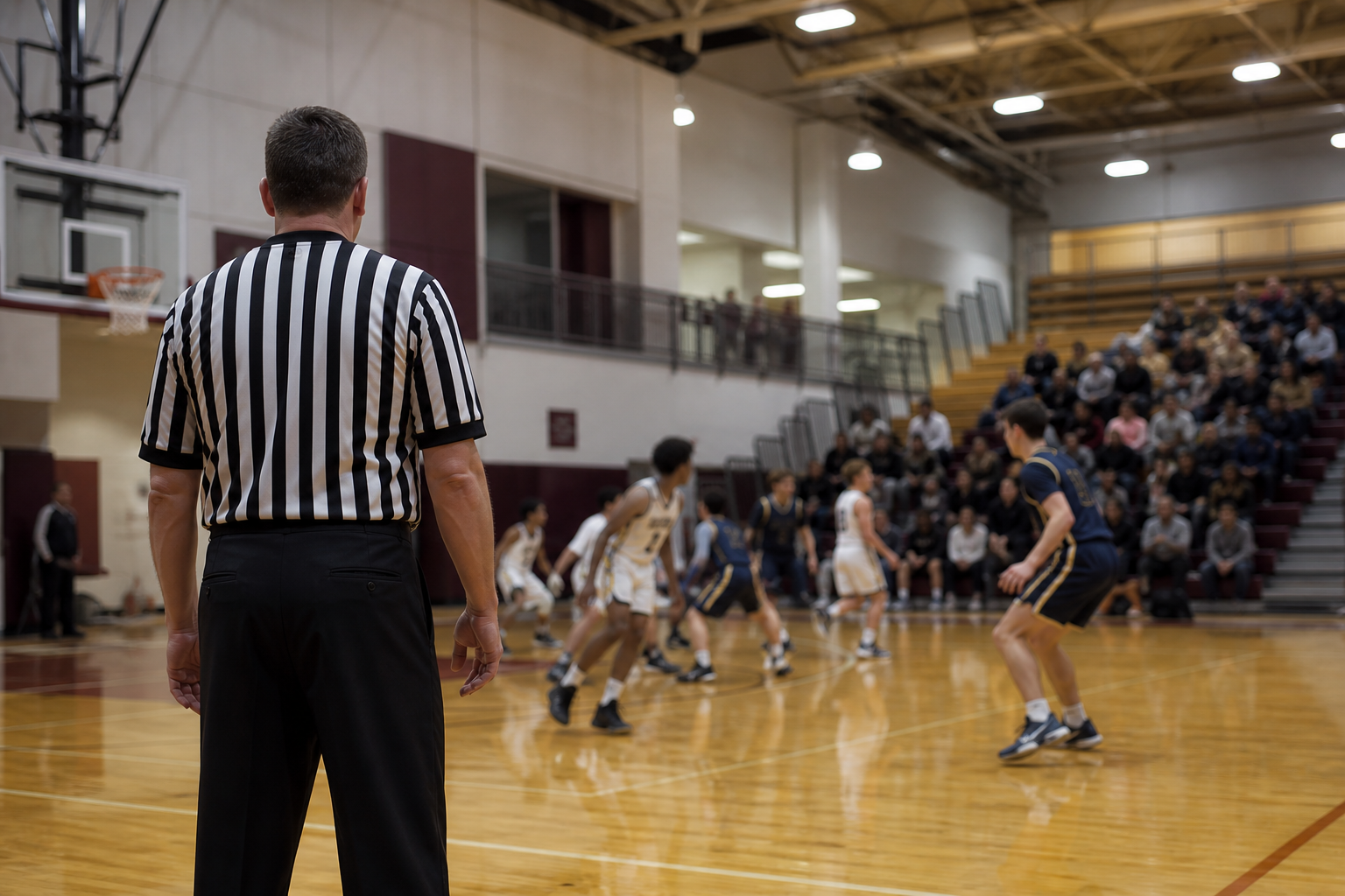 Basketball officials working a gym court