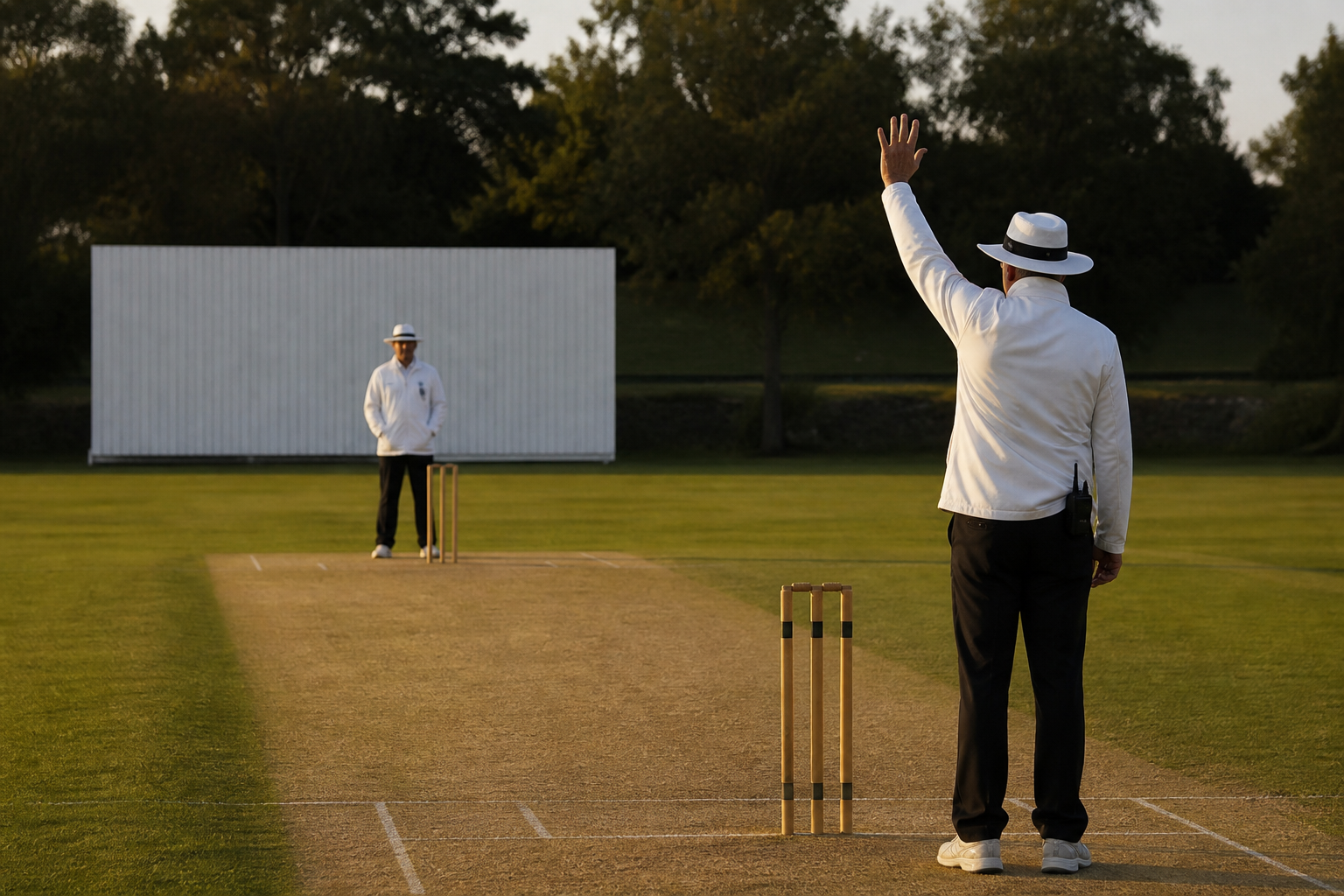 Cricket umpires working a match on a grass pitch