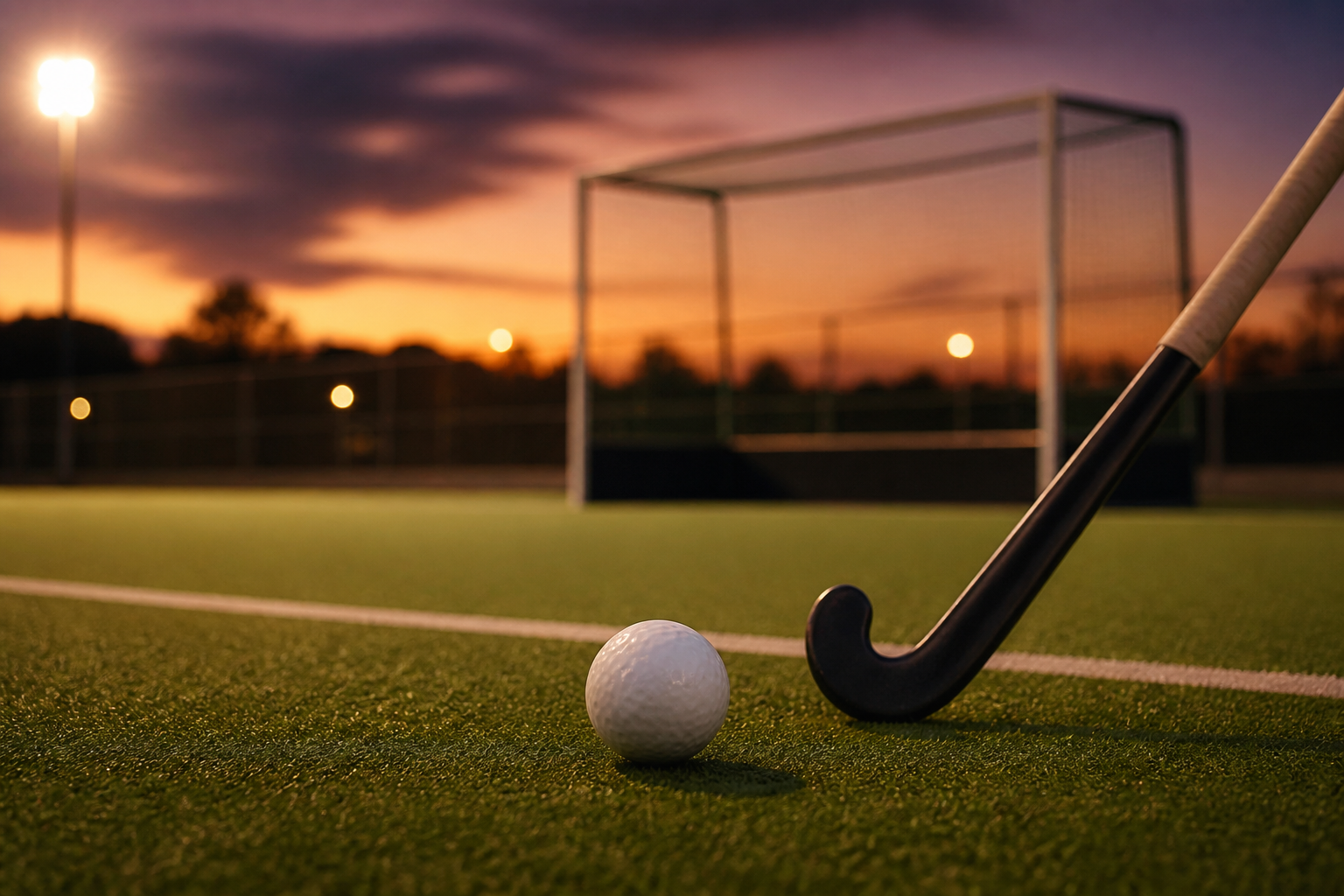 A field hockey ball and stick on a turf pitch