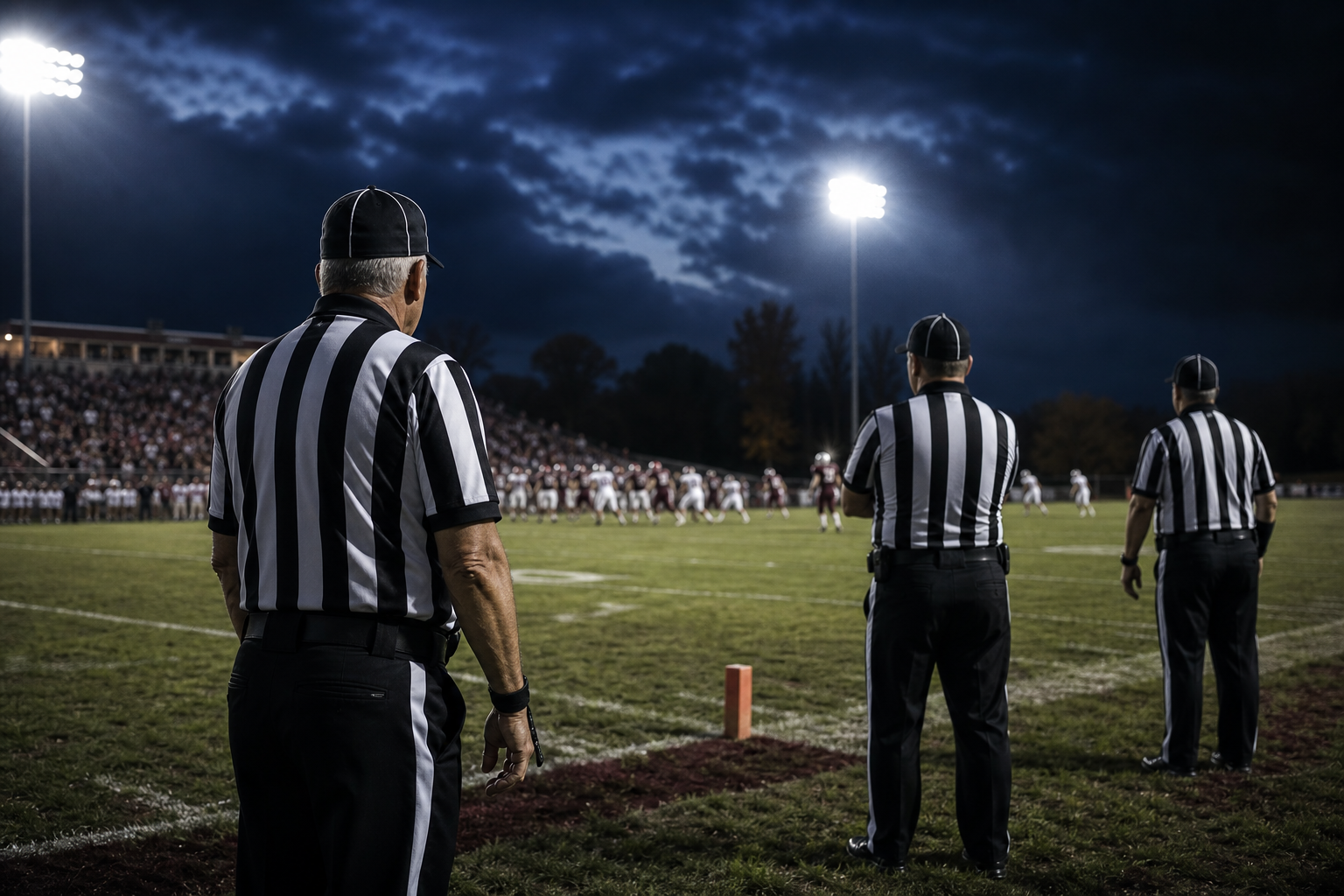Football officials on a night field