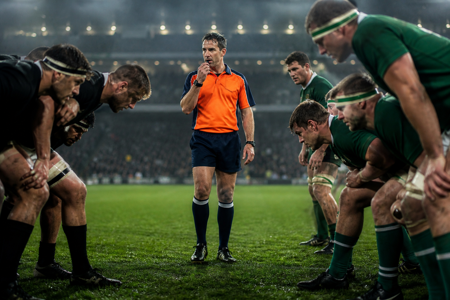 A rugby referee working a match on a grass pitch