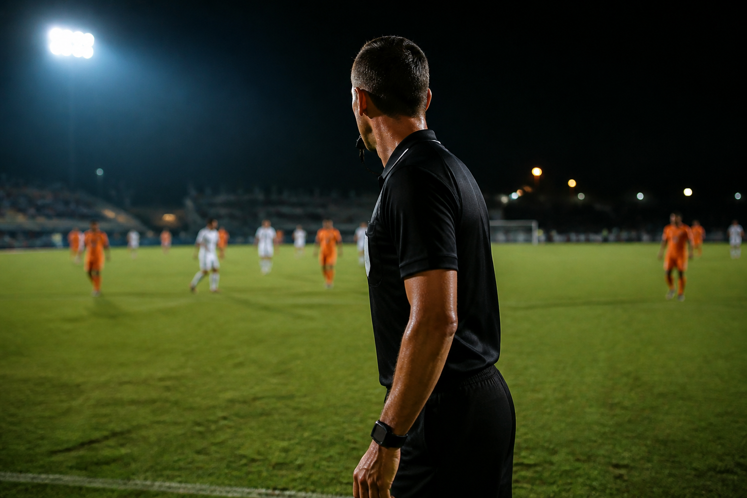 A soccer referee watching play on a grass pitch