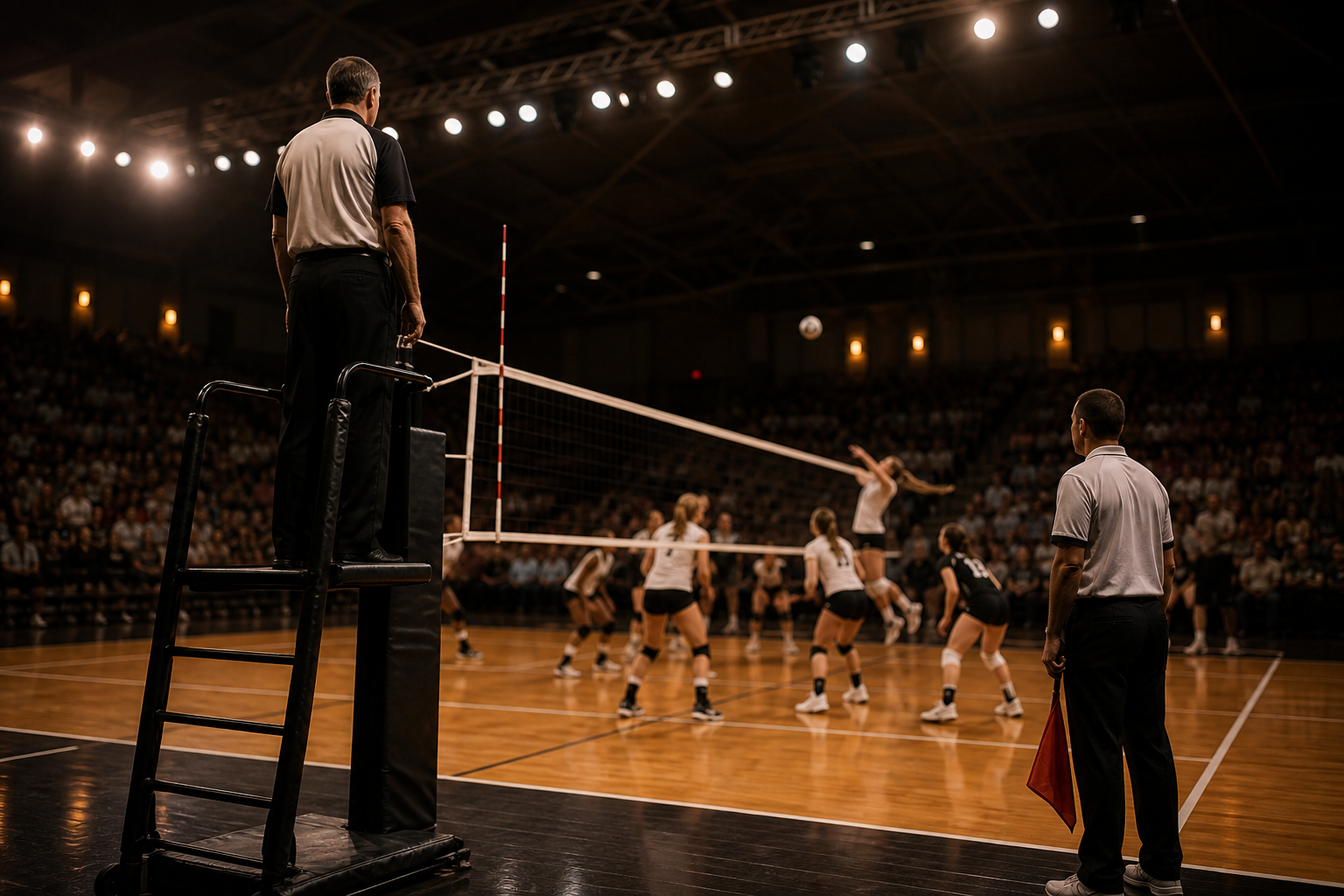 A volleyball referee watching a match from the stand