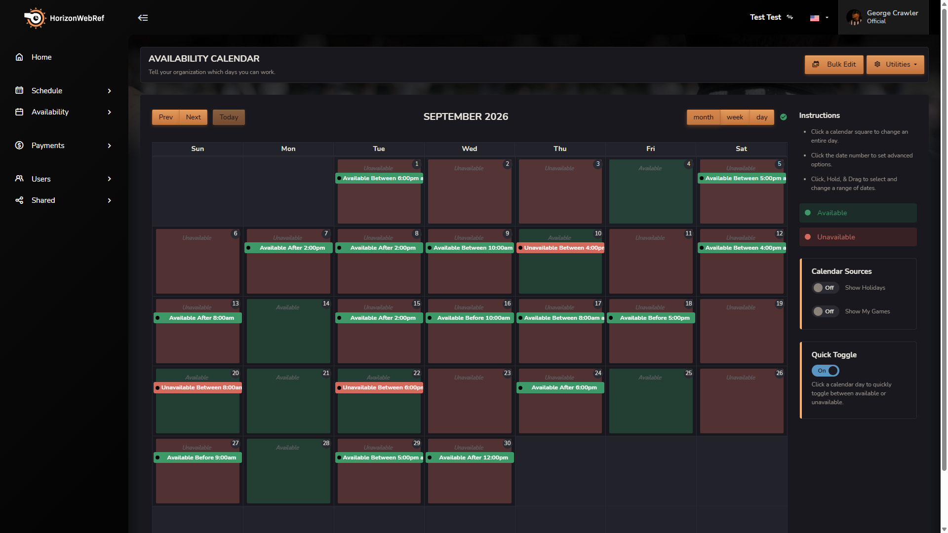Horizon WebRef dark-mode availability calendar