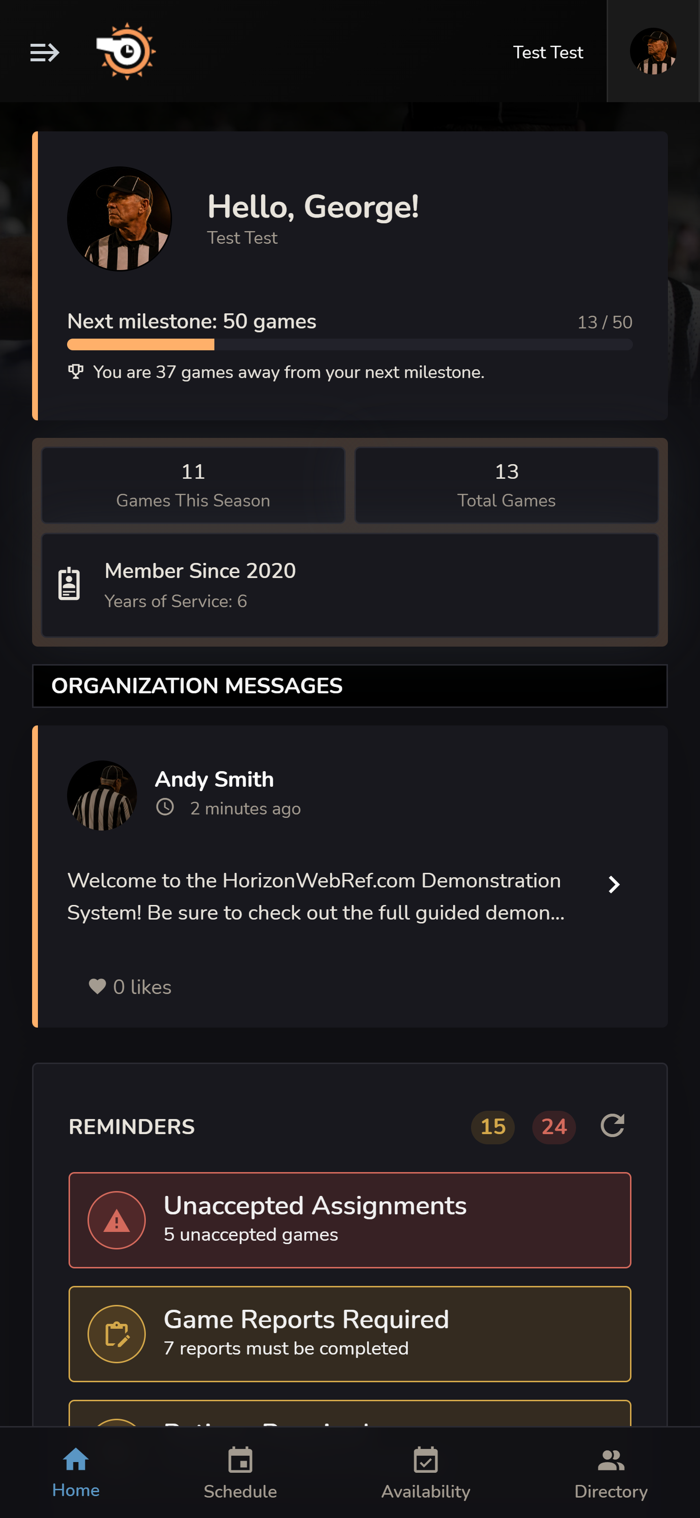 Horizon WebRef dark-mode members home on a phone